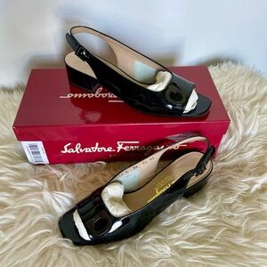 Salvatore Ferragamo Open-Toe Slingback Black Patent Leather Pumps w/ Box